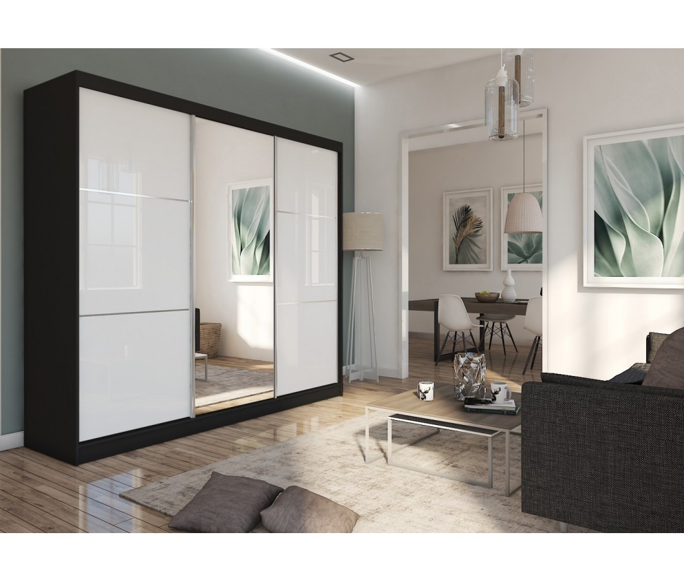 Szafa przesuwna Derino 240 Czarna Połysk + Lustro