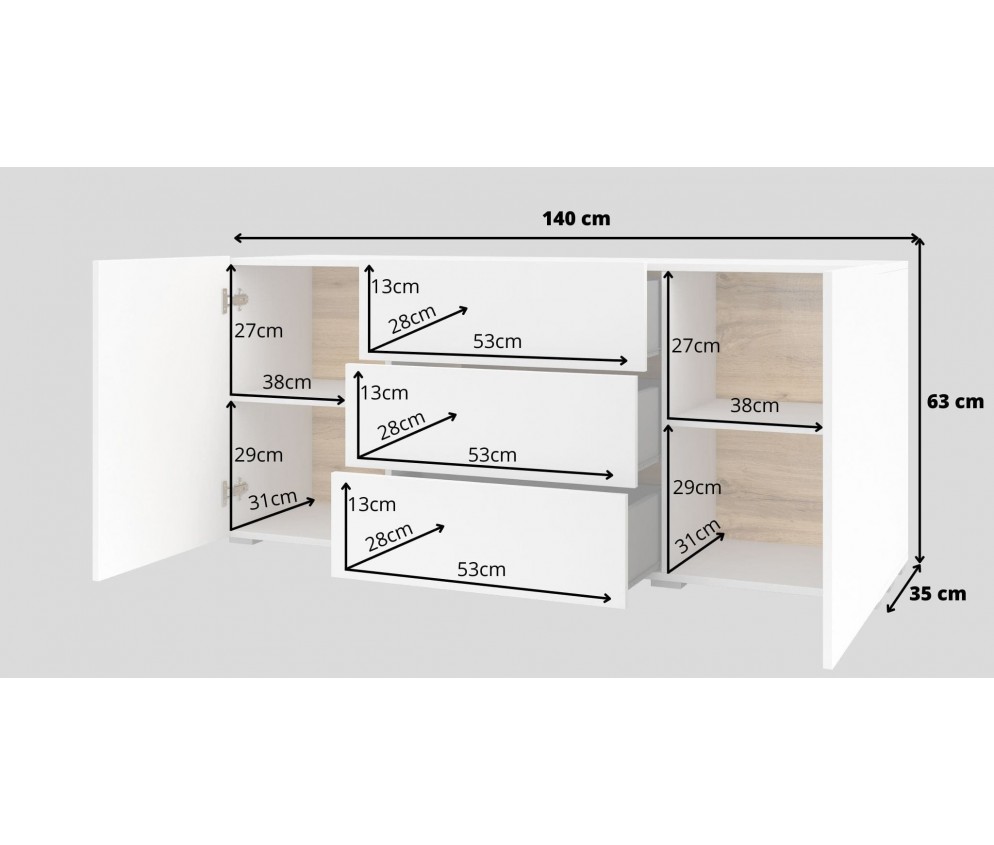 Komoda Eva 2D3S 26 Biały/Dąb Wotan