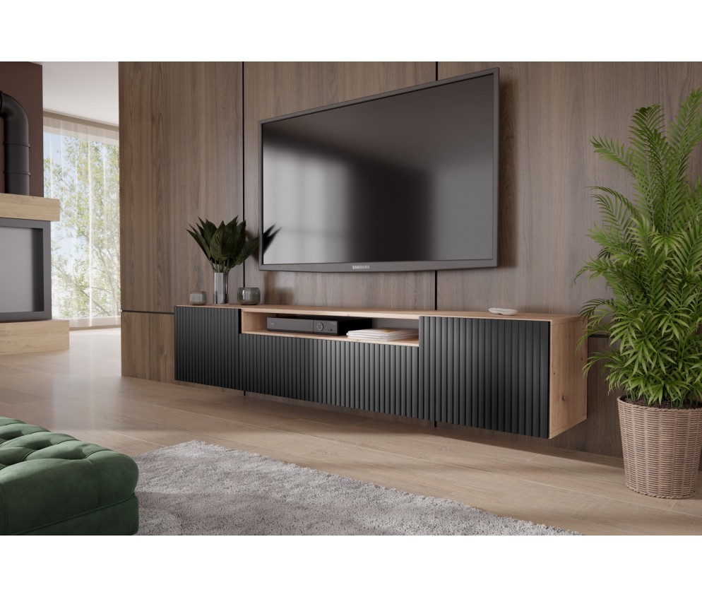 Szafka RTV Remo Dąb Artisan/Czarny Mat Frezowana wisząca