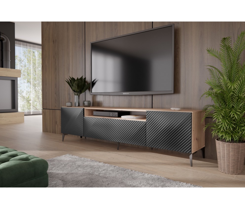 Szafka RTV Neo Dąb Artisan/Czarny/Biały Frezowana stojąca noga gwiazda