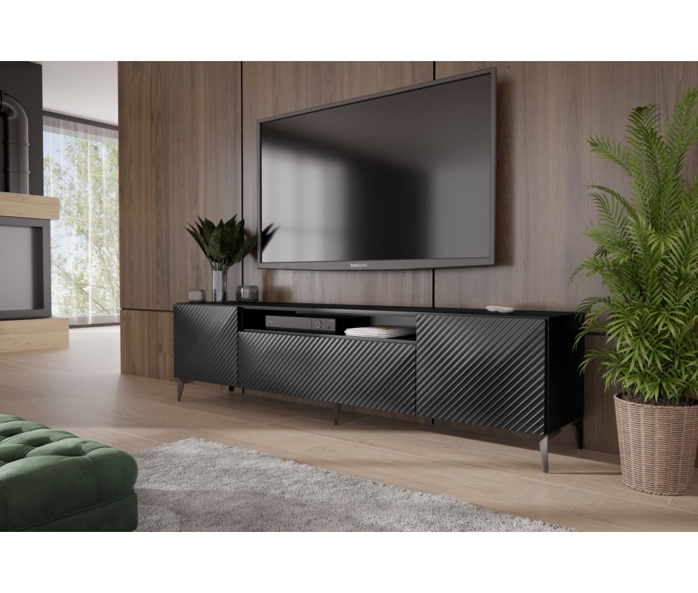 Szafka RTV Cleo Czarny/Biały Mat Frezowana Stojąca noga gwiazda