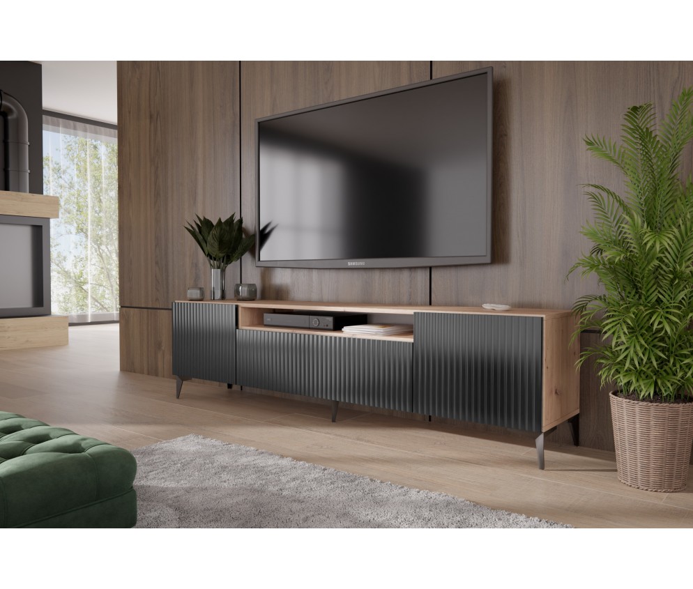 Szafka RTV Remo Dąb Artisan/Czarny Mat Frezowana stojąca noga gwiazda