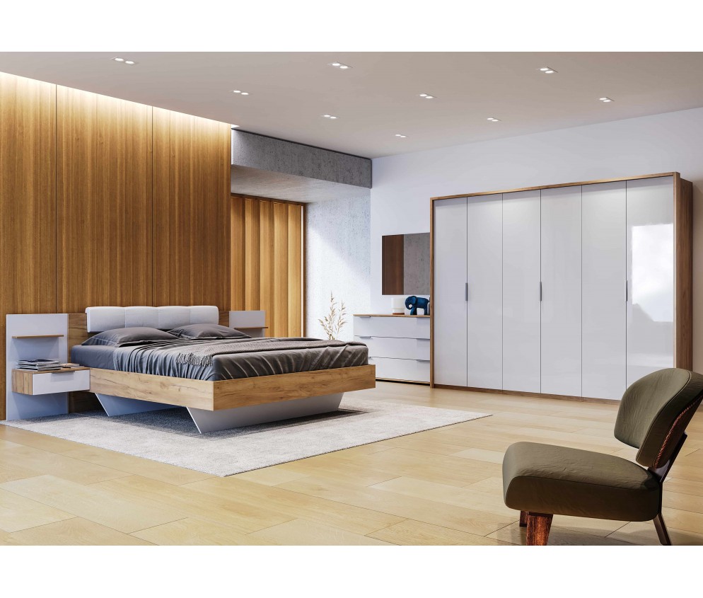 ZESTAW sypialniany Amanda, szafa 6D, łóżko 160x200, szafki nocne, komoda 3SZ, lustro