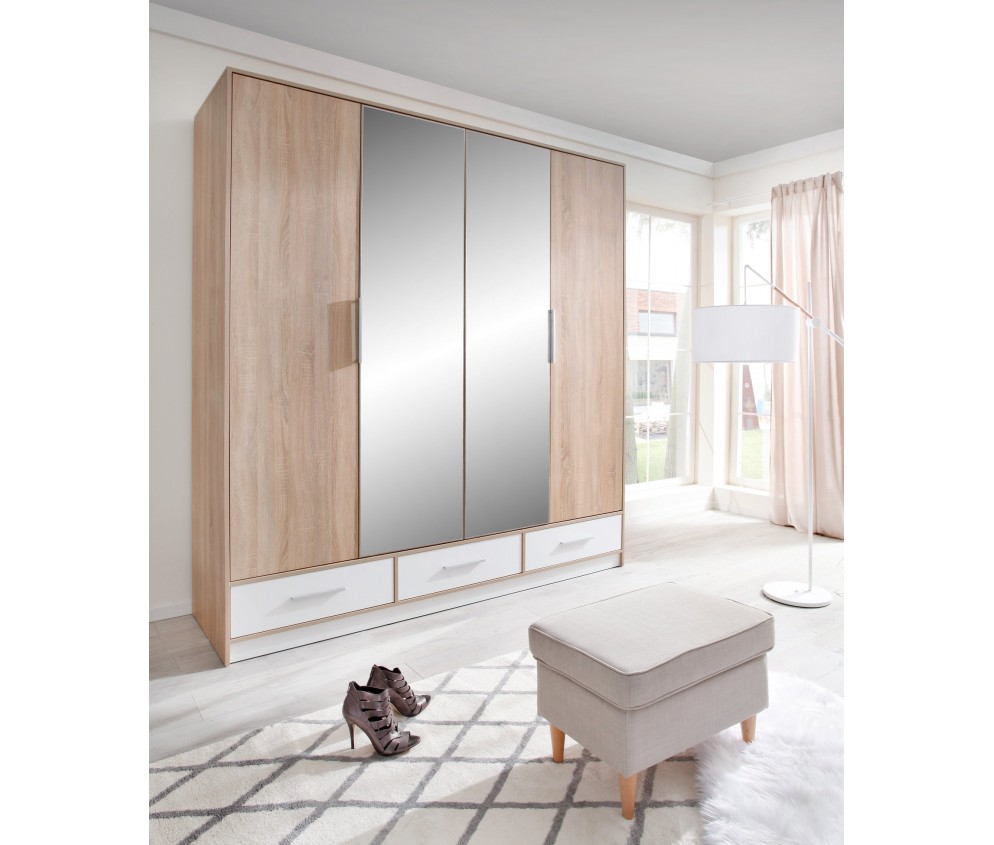 Szafa Morgana 204 4D3SZ Dąb Sonoma/Biały Lux z lustrem