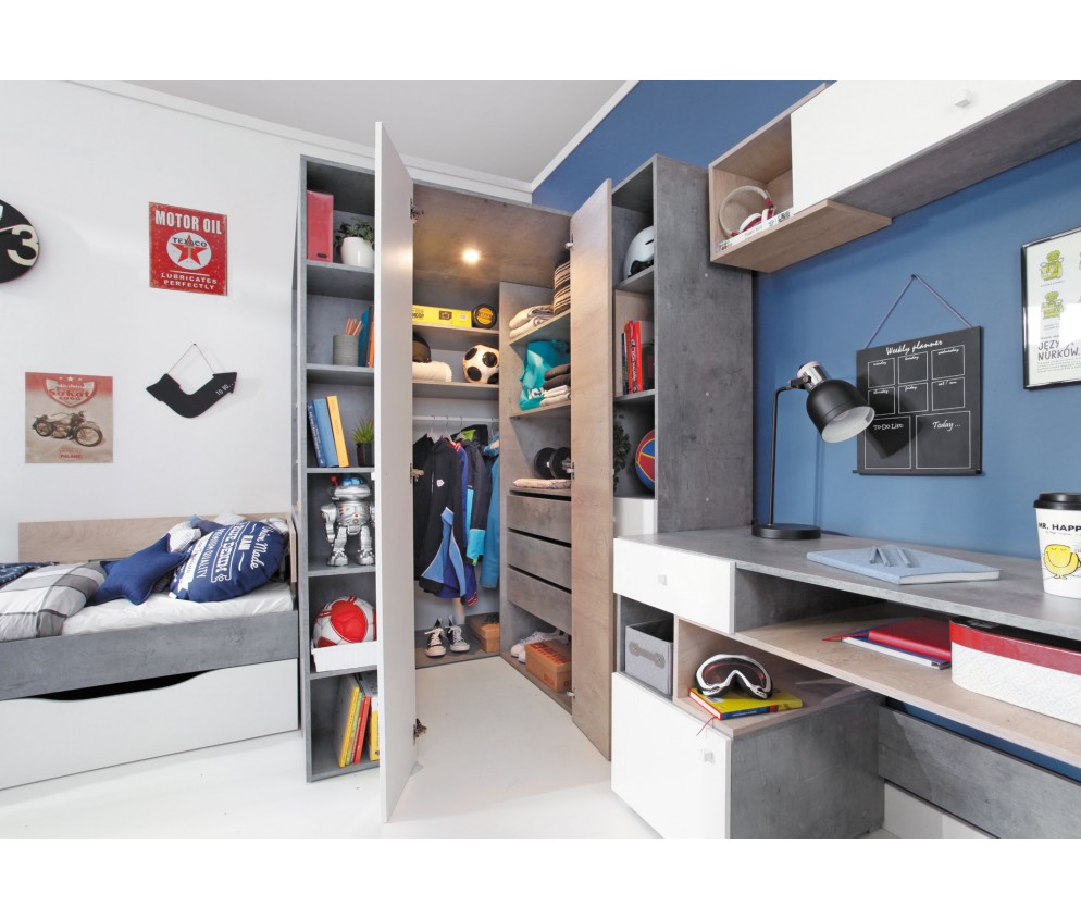 Szafa Sam 135 PRAWA/LEWA Biały Lux/Beton/Dąb