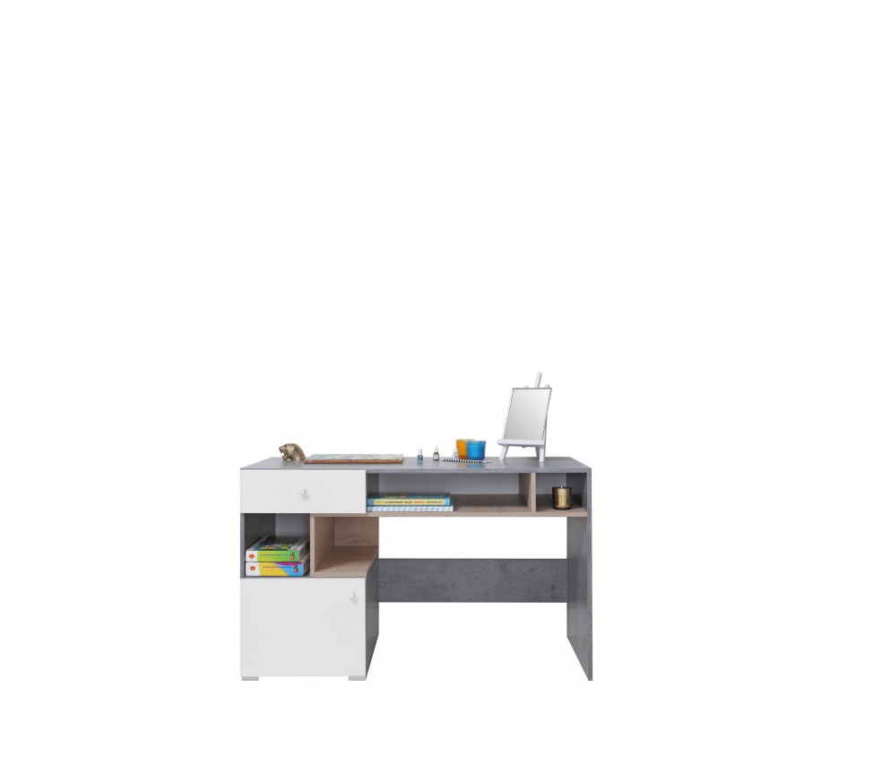 Biurko Sam 125 Biały Lux/Beton/Dąb