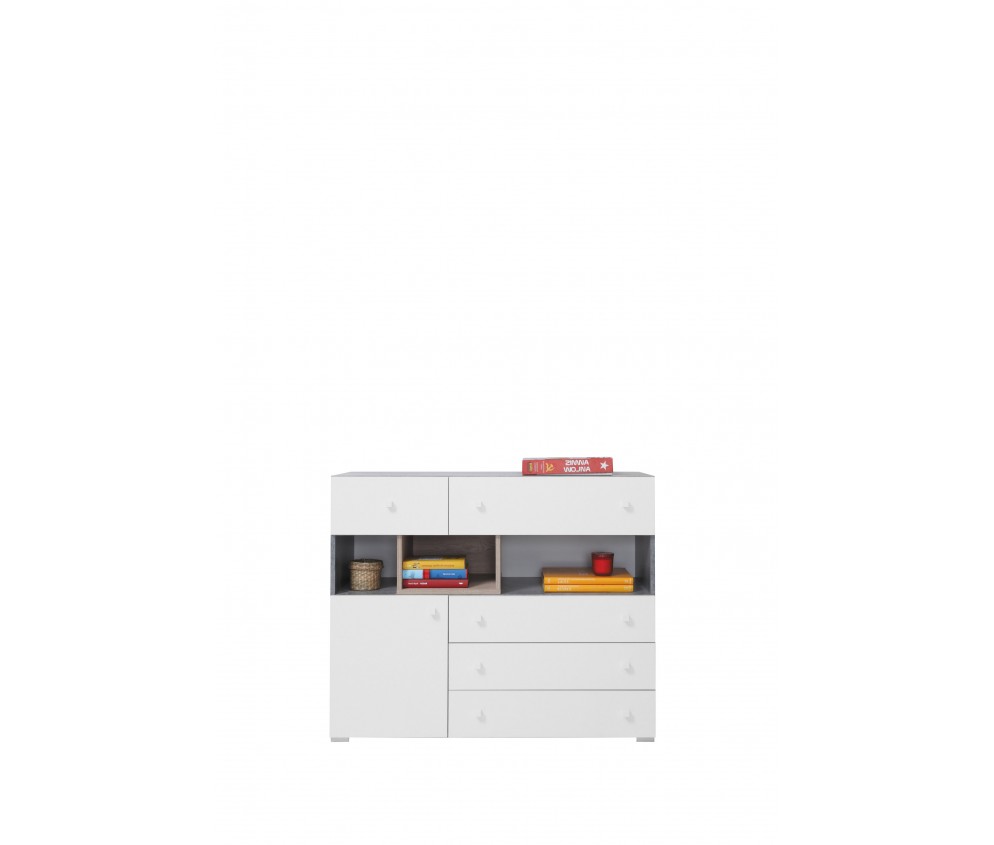 Komoda Sam 110 1D5SZ Biały Lux/Beton/Dąb