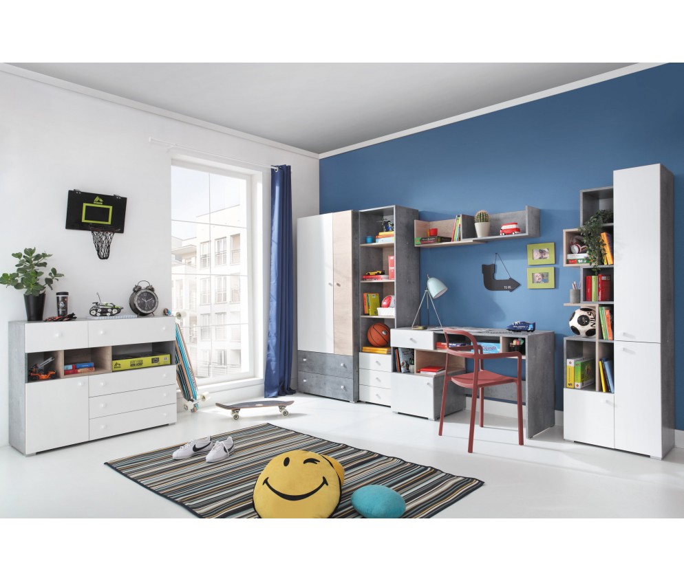 Komoda Sam 110 1D5SZ Biały Lux/Beton/Dąb