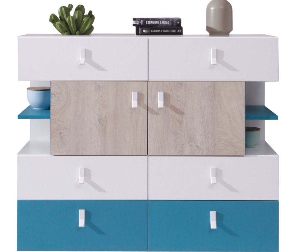 Komoda Plan 110 8D Biały Lux/Dąb/Morski