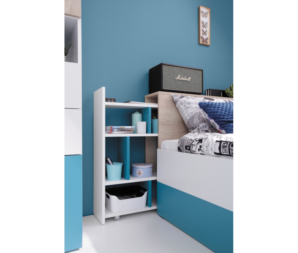 Łóżko Plan 90 Biały Lux/Dąb/Morski z wysuwaną półką LEWE/PRAWE