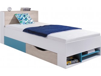 Łóżko Plan 90 Biały Lux/Dąb/Morski z wysuwaną półką LEWE/PRAWE