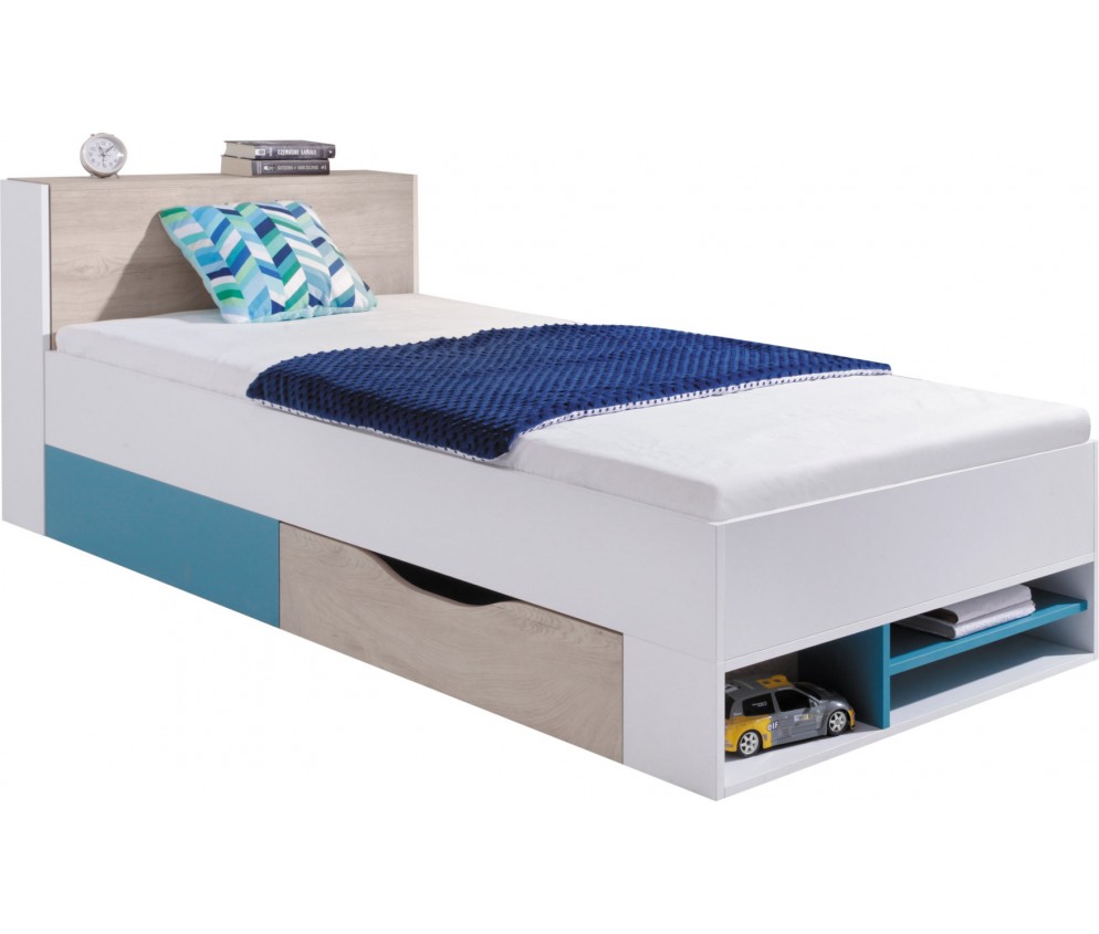 Łóżko Plan 90 Biały Lux/Dąb/Morski z wysuwaną półką LEWE/PRAWE