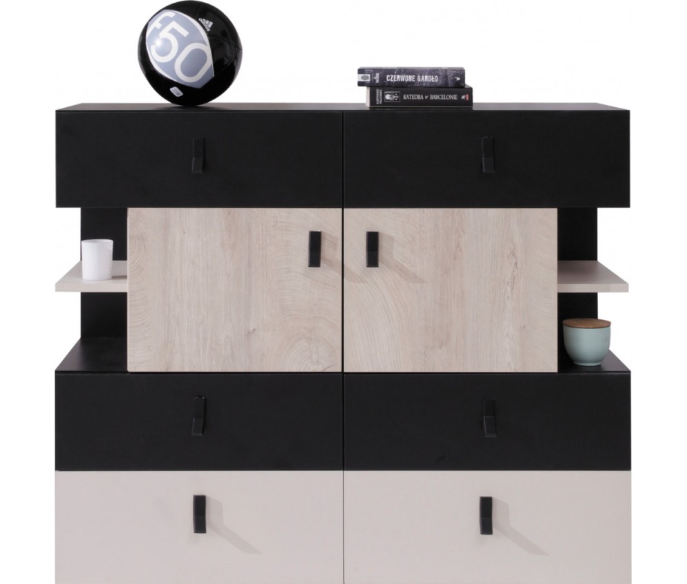 Komoda Plan 110 8D Czarny/Dąb/Beż