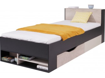 Łóżko Plan 90 Czarny/Dąb/Beż z wysuwaną półką LEWE/PRAWE