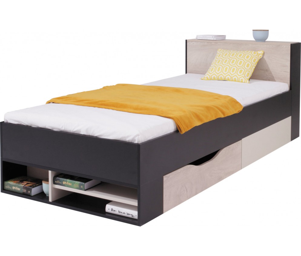 Łóżko Plan 90 Czarny/Dąb/Beż z wysuwaną półką LEWE/PRAWE