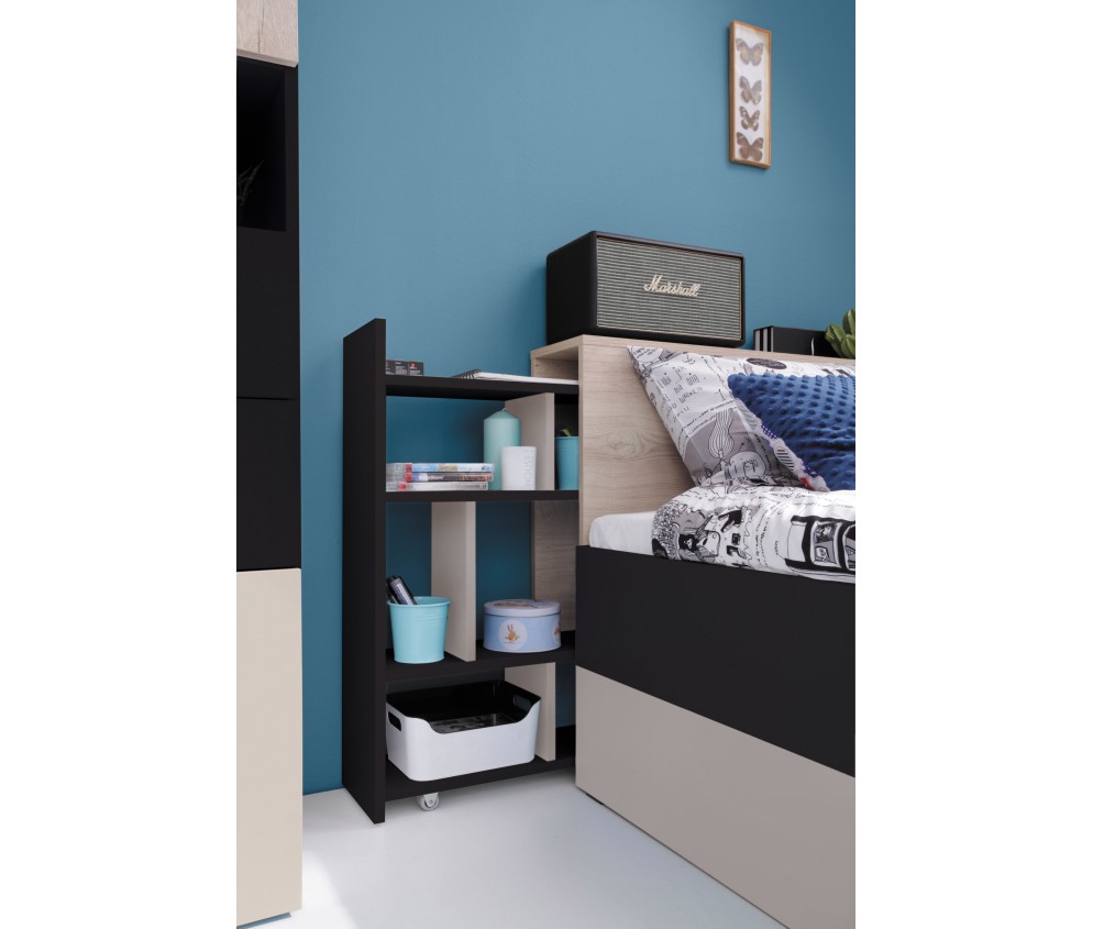 Łóżko Plan 90 Czarny/Dąb/Beż z wysuwaną półką LEWE/PRAWE