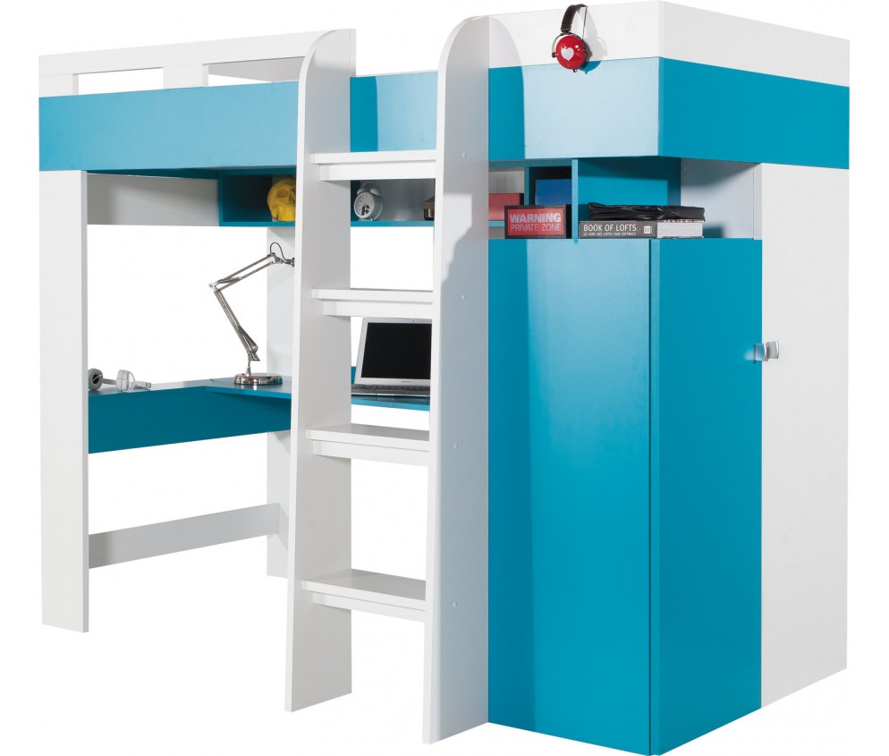 Łóżko piętrowe i biurko Kamaro 90 Biały Lux/ Turkus