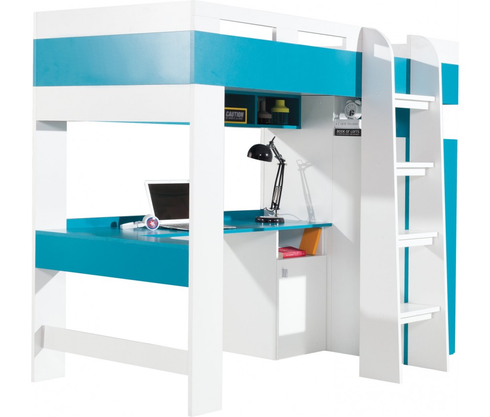 Łóżko piętrowe i biurko Kamaro 90 Biały Lux/ Turkus