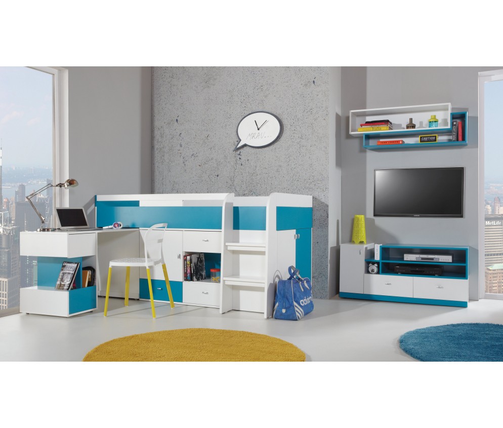 Łóżko 90 i biurko Kamaro Biały Lux/ Turkus