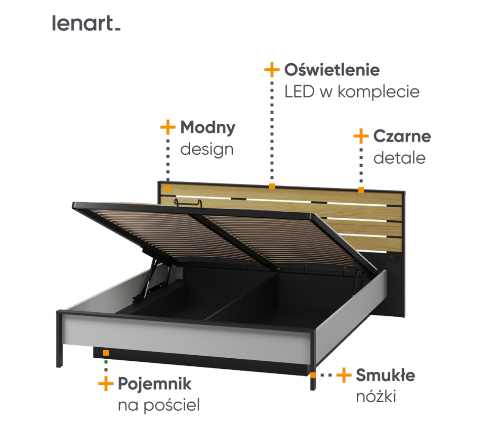 Łóżko z pojemnikiem z oświetleniem GRIS GS-02 160