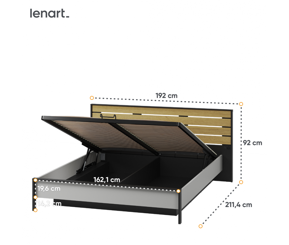 Łóżko z pojemnikiem z oświetleniem GRIS GS-02 160