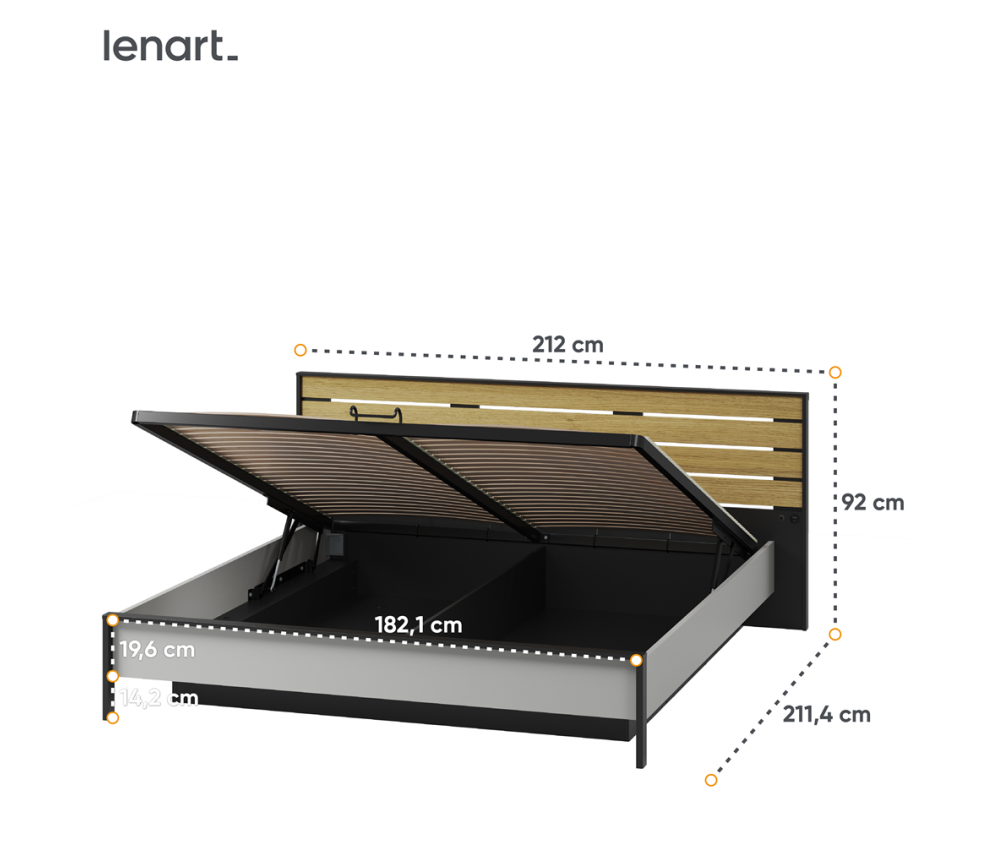 Łóżko z pojemnikiem z oświetleniem GRIS GS-02 180