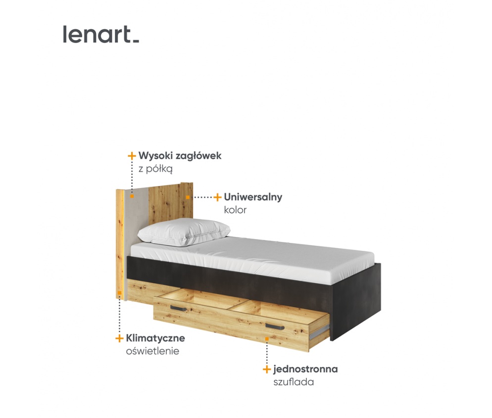 Łóżko 90 ze stelażem z oświetleniem QUBIC QB-12
