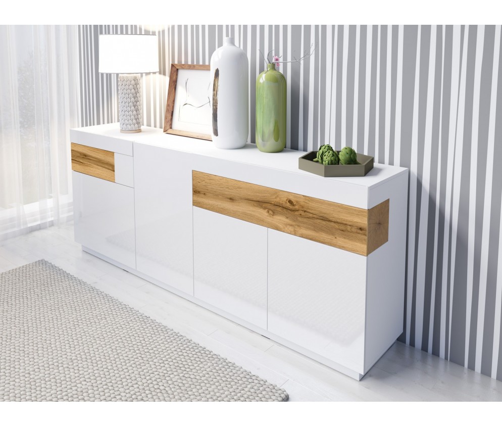 Komoda Keli 4D2S 25 Biały+Biały Połysk+Dąb Wotan