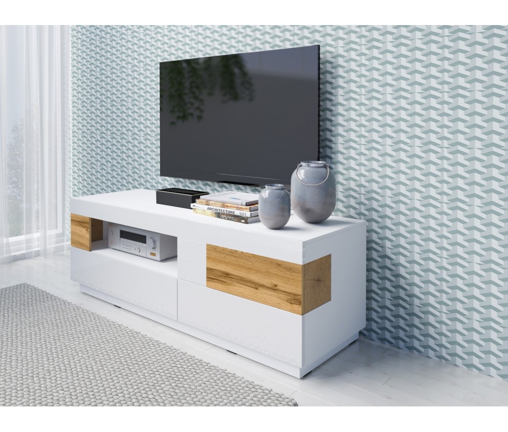 Komoda RTV Keli 1D2S 41Biały+Biały Połysk+Dąb Wotan