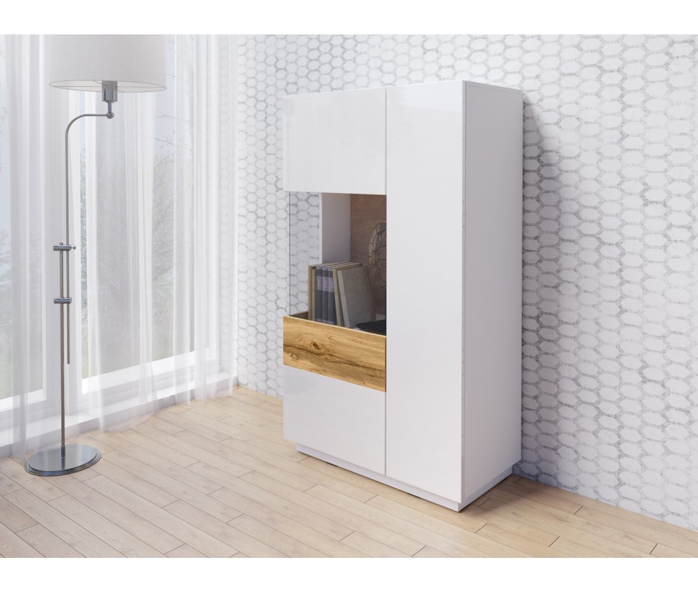 Komoda Keli wysoka 2D Lewa 42 Biały+Biały Połysk+Dąb Wotan