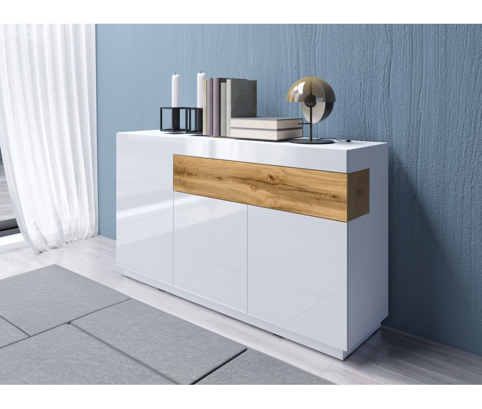 Komoda Keli 3D1S 43 Biały+Biały Połysk+Dąb Wotan