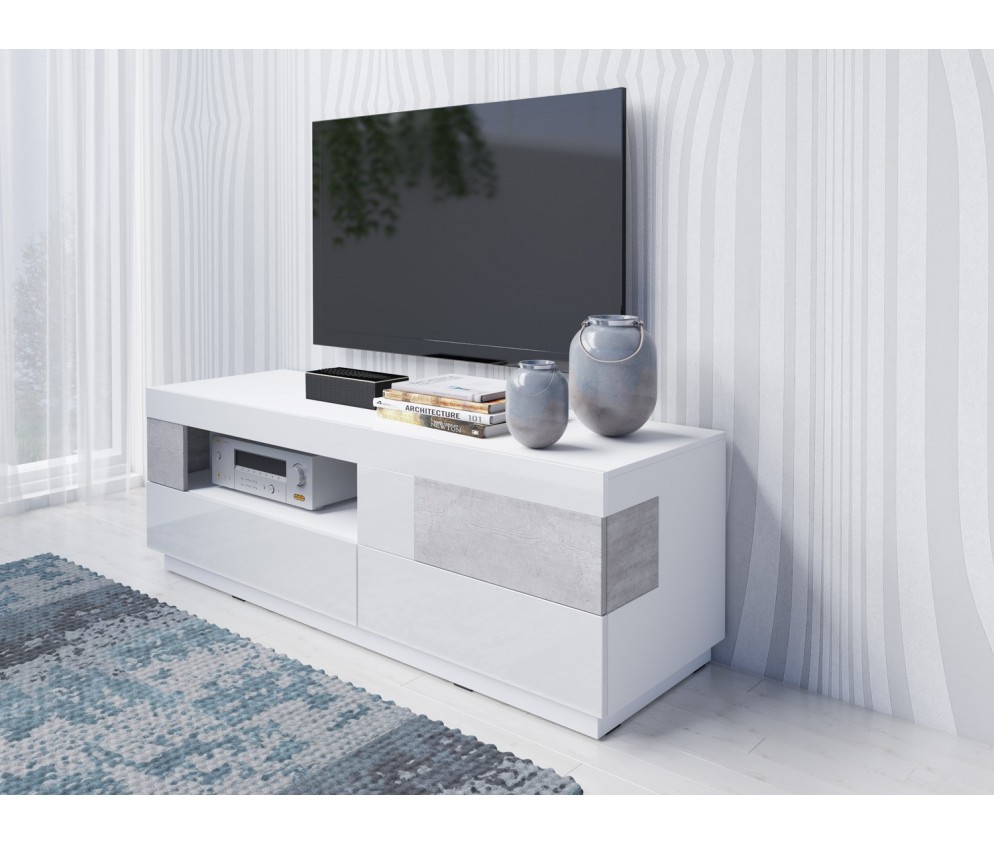 Komoda RTV Keli 1D2S 41Biały+Biały Połysk+Beton