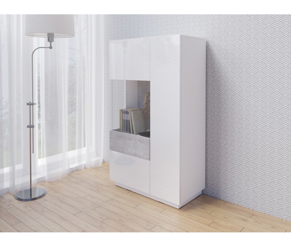 Komoda Keli wysoka 2D Lewa 42 Biały+Biały Połysk+Beton