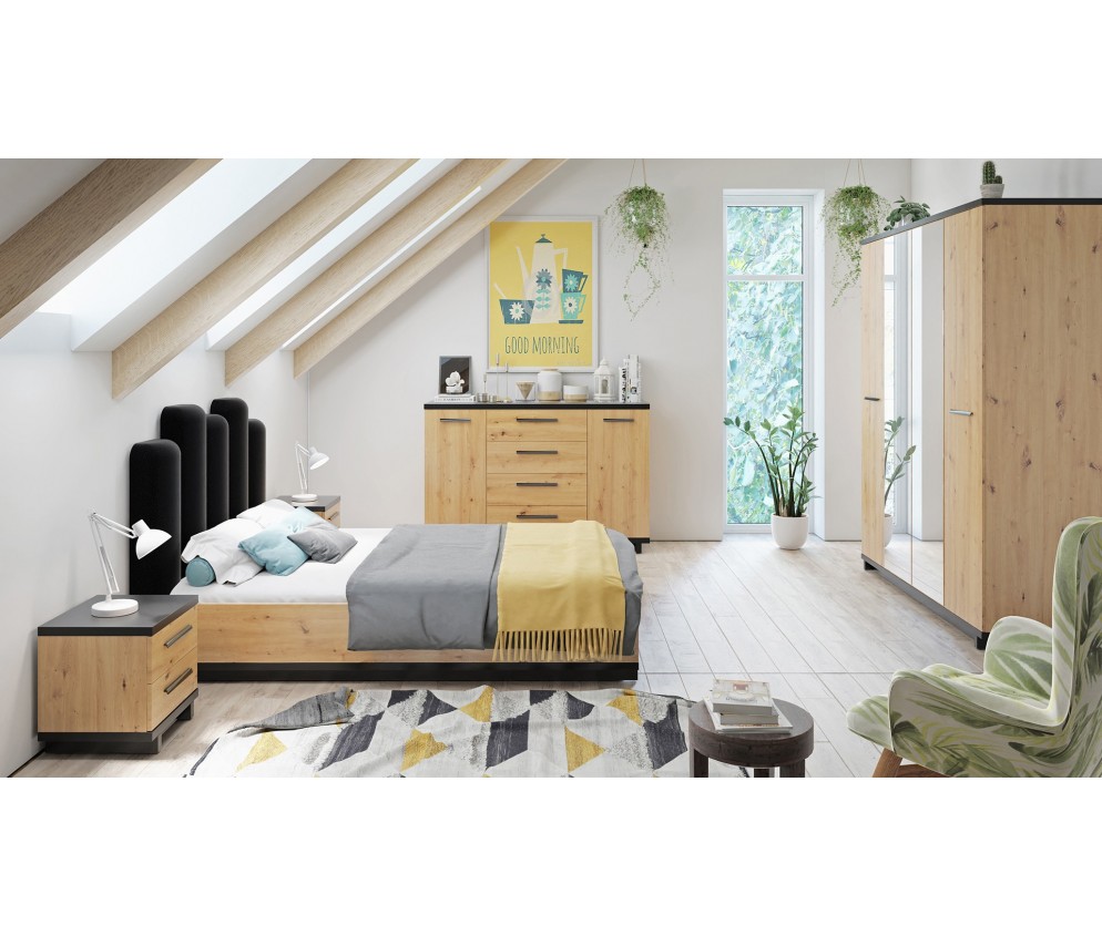 Komoda Ive 4SZ Czarny Mat/Dąb Artisan